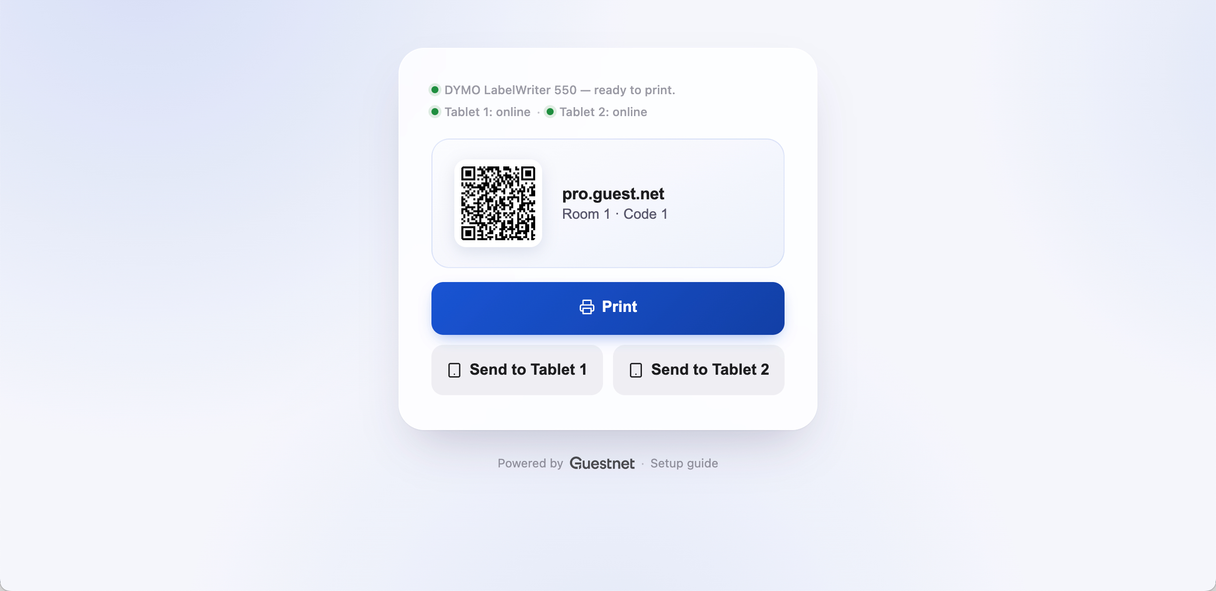 Guestnet-Druckseite mit DYMO- und Tablet-Status, QR-Code des Gasts, sowie Print- und Send-to-Tablet-Buttons