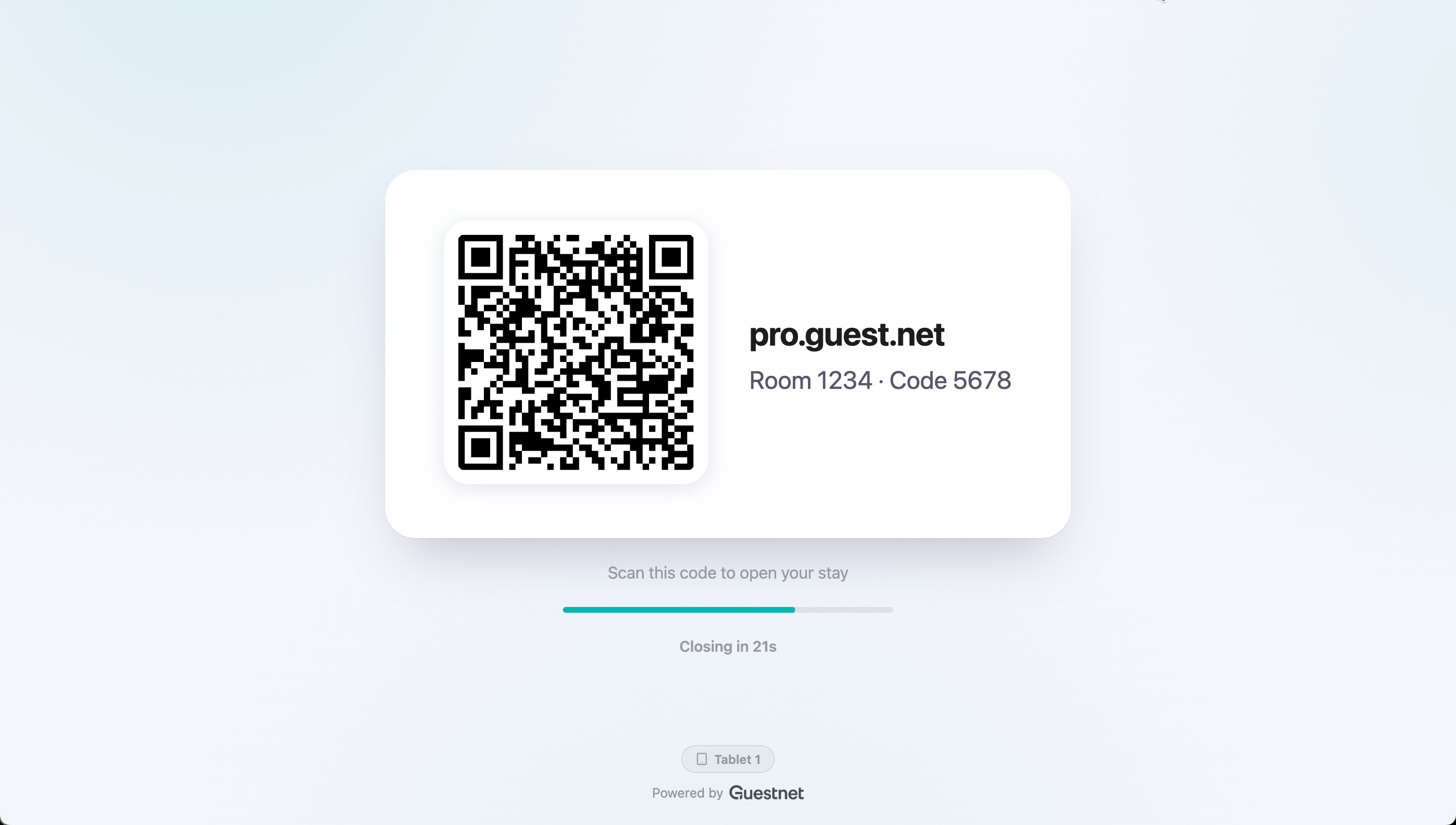 Tablet-Bildschirm nach Send to tablet mit dem QR-Code des Gasts, Countdown und Tablet-Kennzeichnung unten